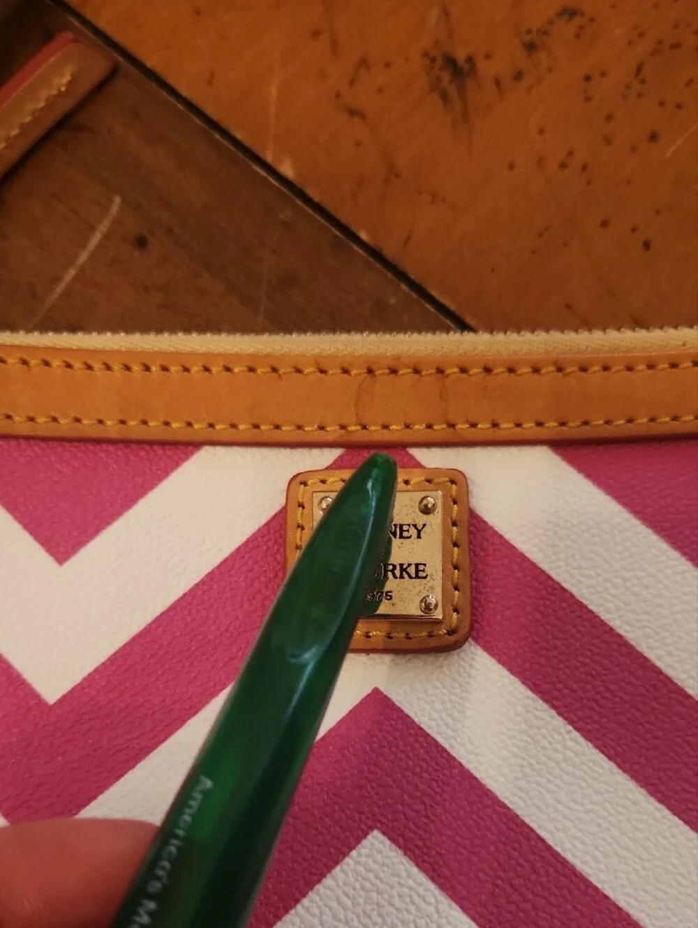 Dooney & Bourke Pink and White Chevron Wristlet with Tan Trim